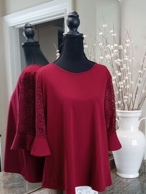 Elegant Meaveor Burgundy Lace Bell Sleeve Blouse Size Large